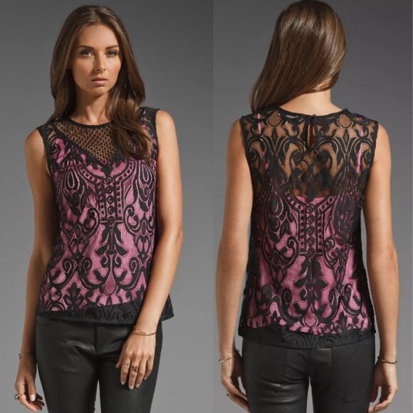 JUICY COUTURE Pitch Black Dotfloral Lace Overlay Top Womens Sz 8 Dark Feminine - Picture 1 of 5